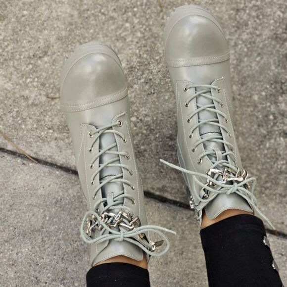 Women's Platform Heel Boots Chunky Ankle Lace Up Olive Color - Picture 2 of 6